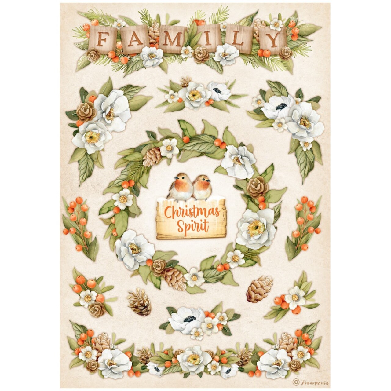 Stamperia Rice Paper Sheet A4-Family Garlands, Winter Valley